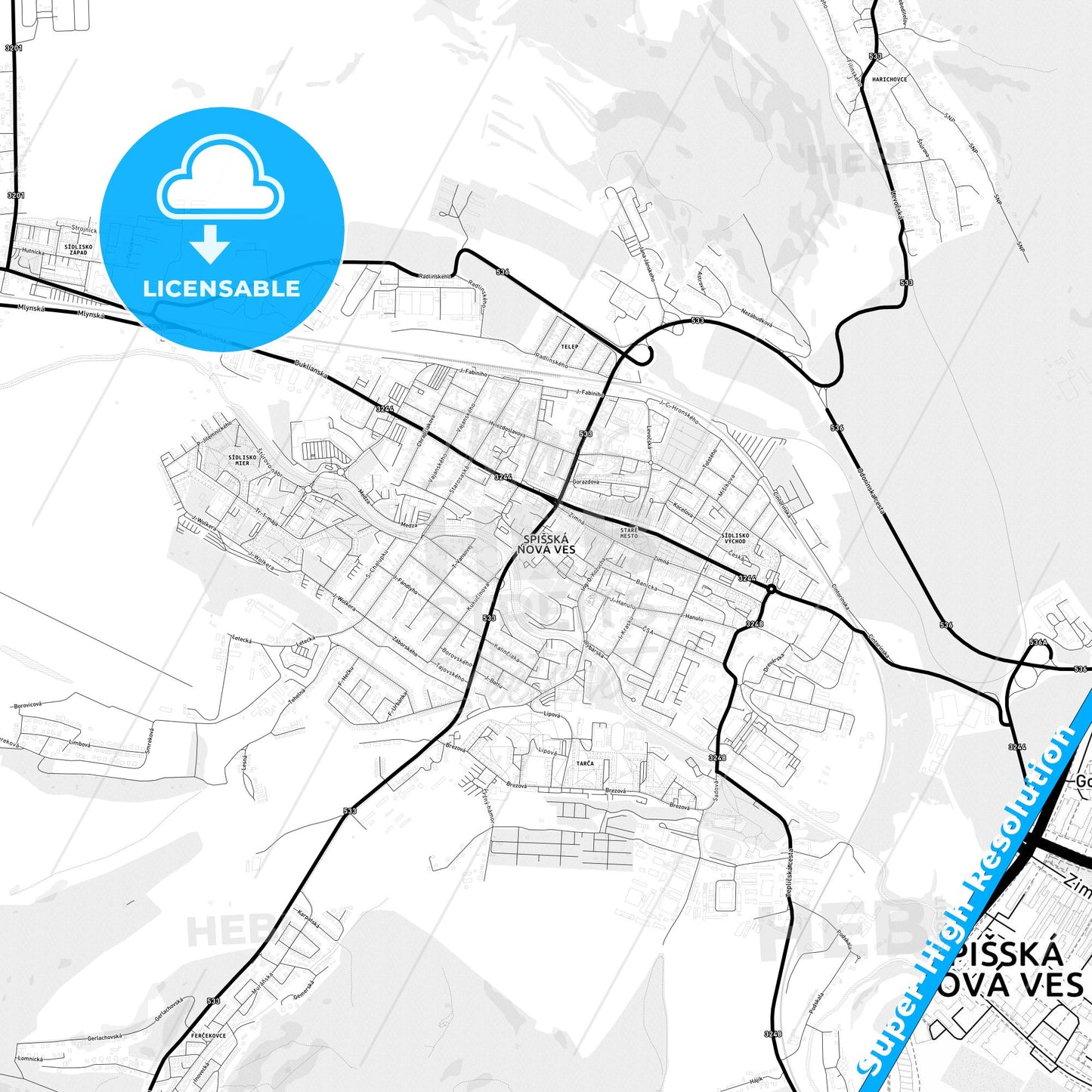 Spišská Nová Ves, Slovakia Light Map with Street Names, City Names, and Districts