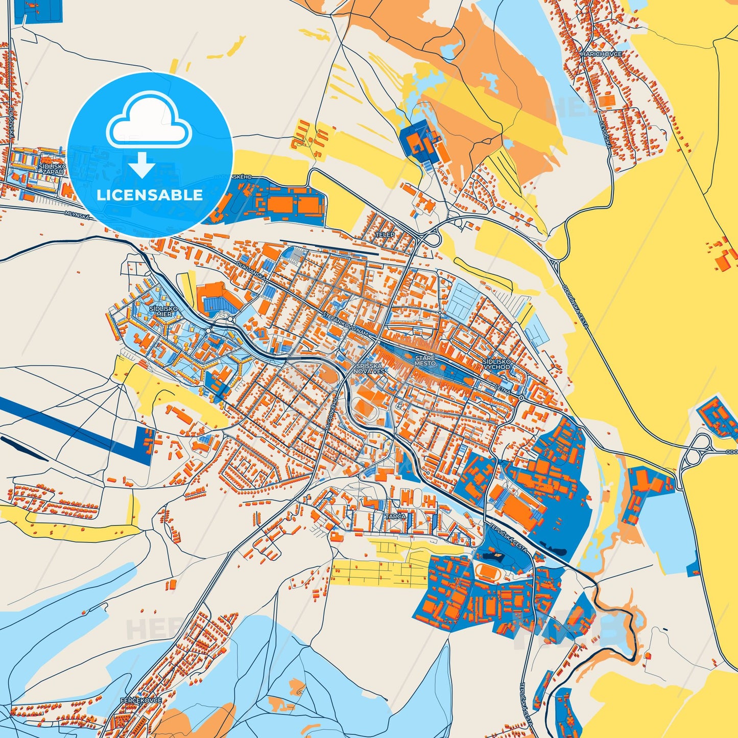 Colorful Spišská Nová Ves Street Map with Labels and Buildings