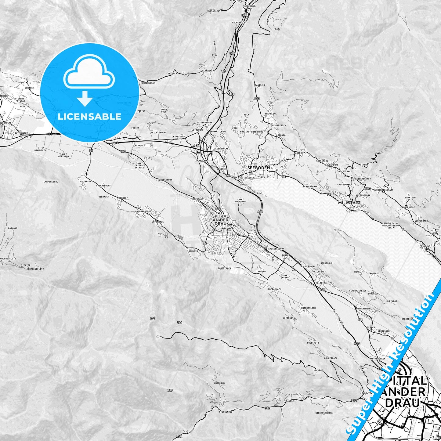 Spittal an der Drau, Austria light map with streetnames, citynames and districts