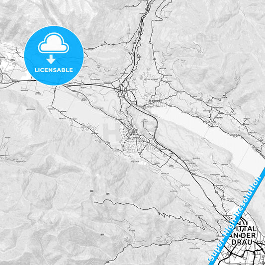 Spittal an der Drau, Austria light map with streetnames, citynames and districts