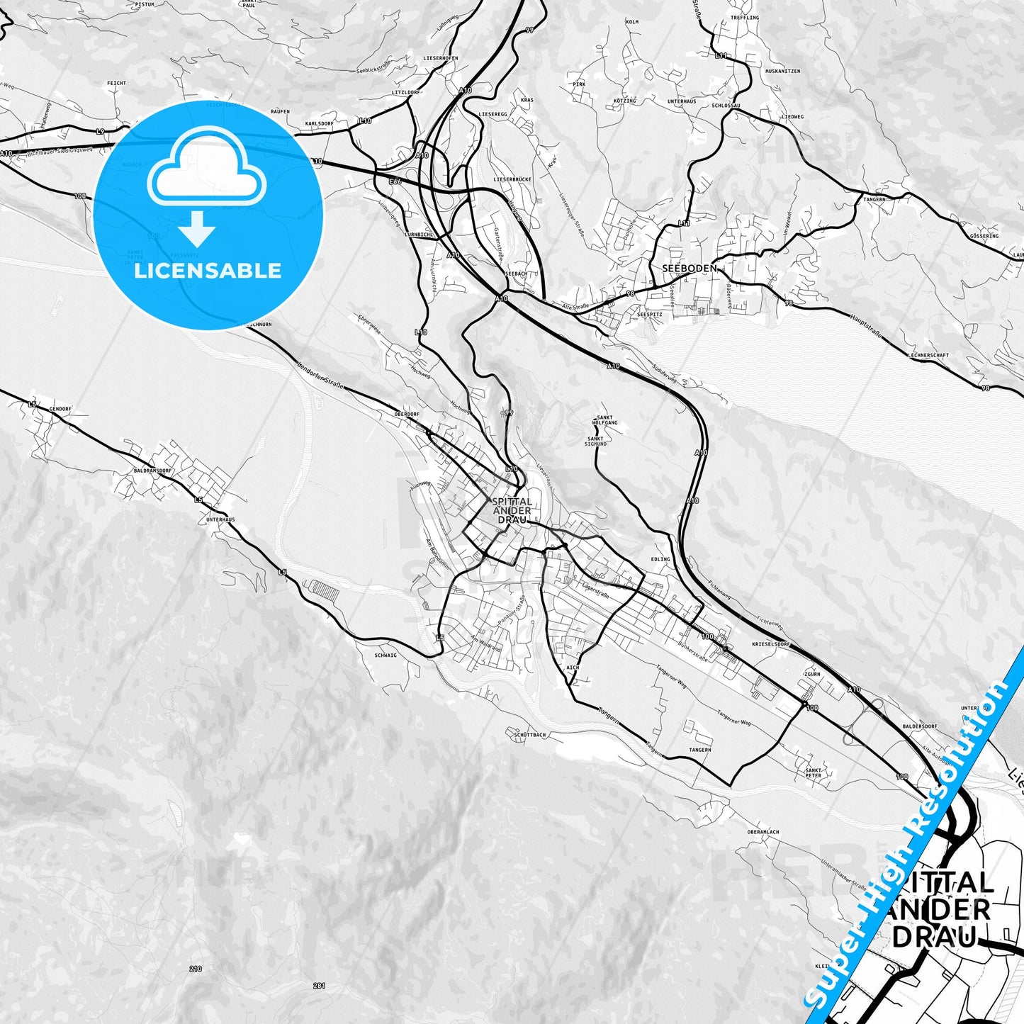 Spittal an der Drau, Austria Light Map with Street Names, City Names, and Districts