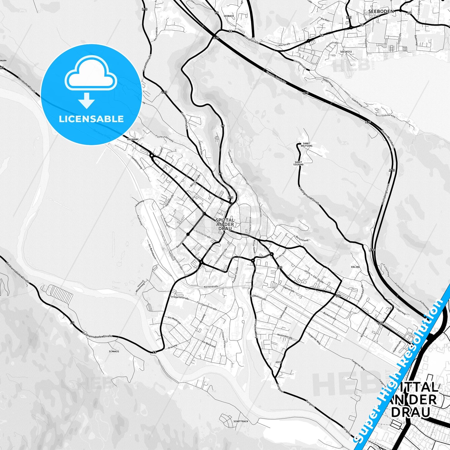Spittal an der Drau, Austria Light Map with Street Names, City Names, and Districts