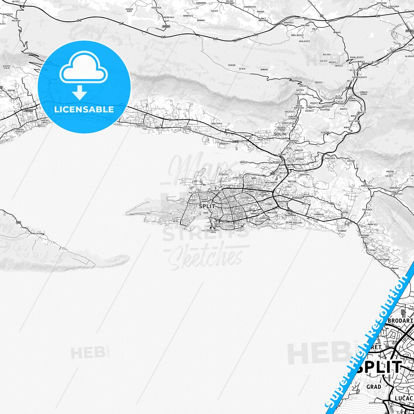 Split, Croatia light map with streetnames, citynames and districts