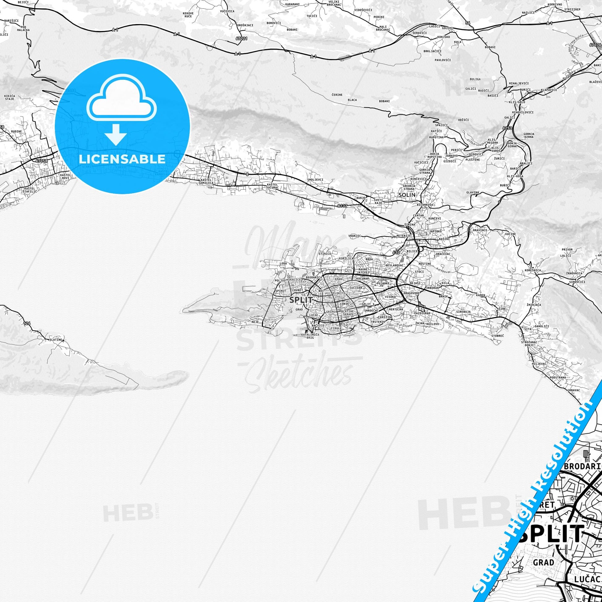 Split, Croatia light map with streetnames, citynames and districts