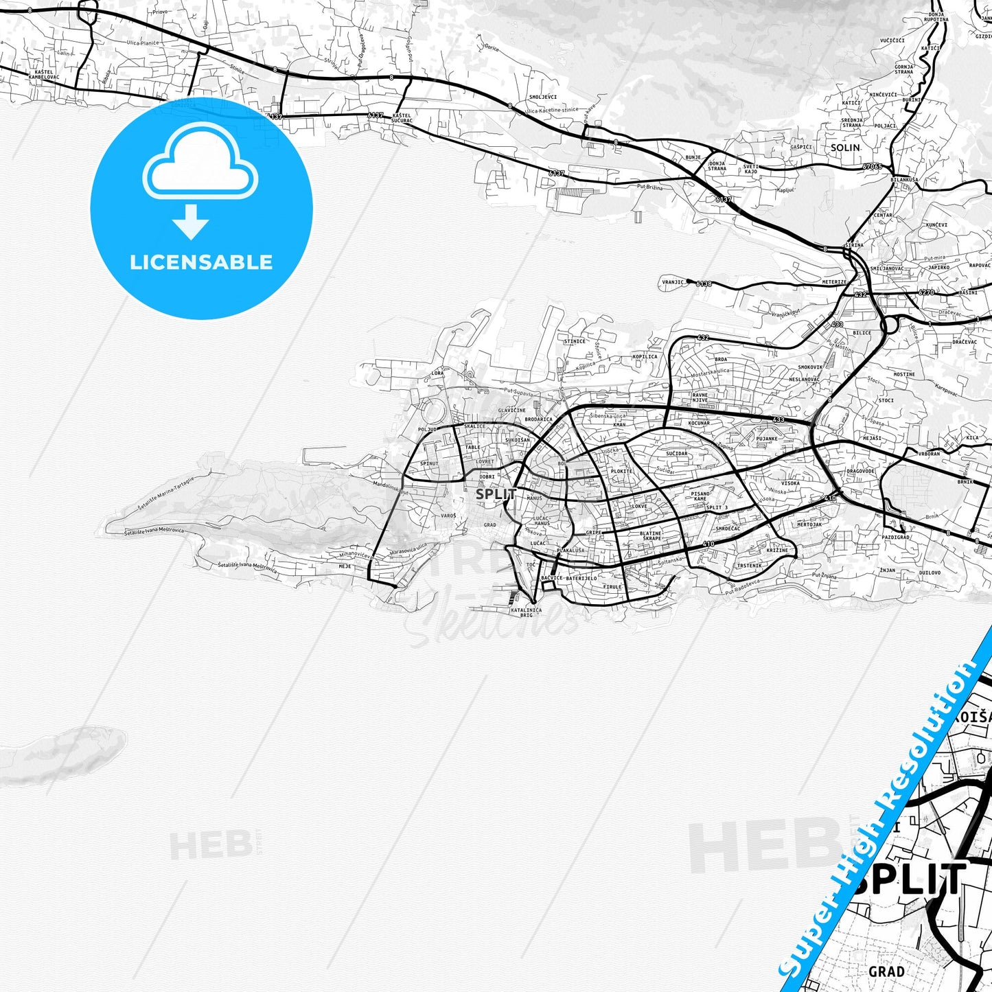 Split, Croatia Light Map with Street Names, City Names, and Districts