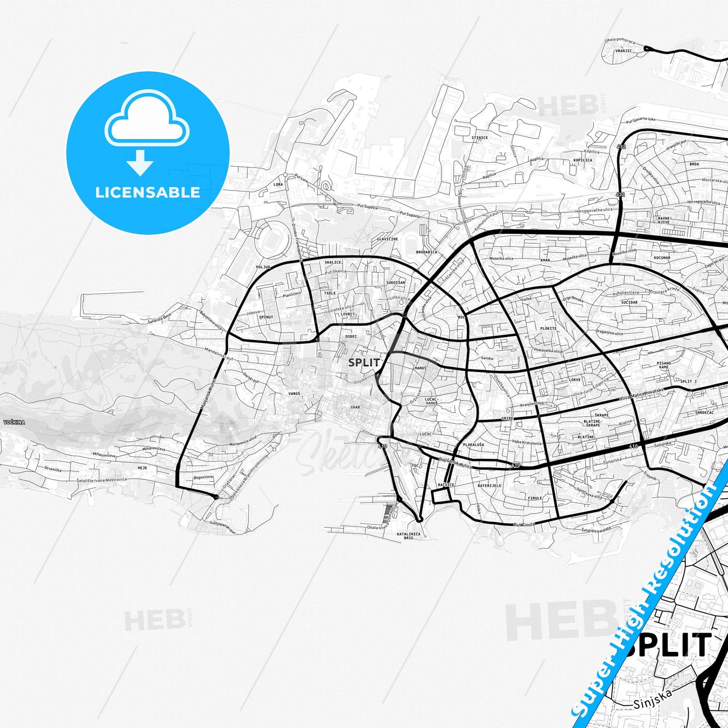 Split, Croatia Light Map with Street Names, City Names, and Districts