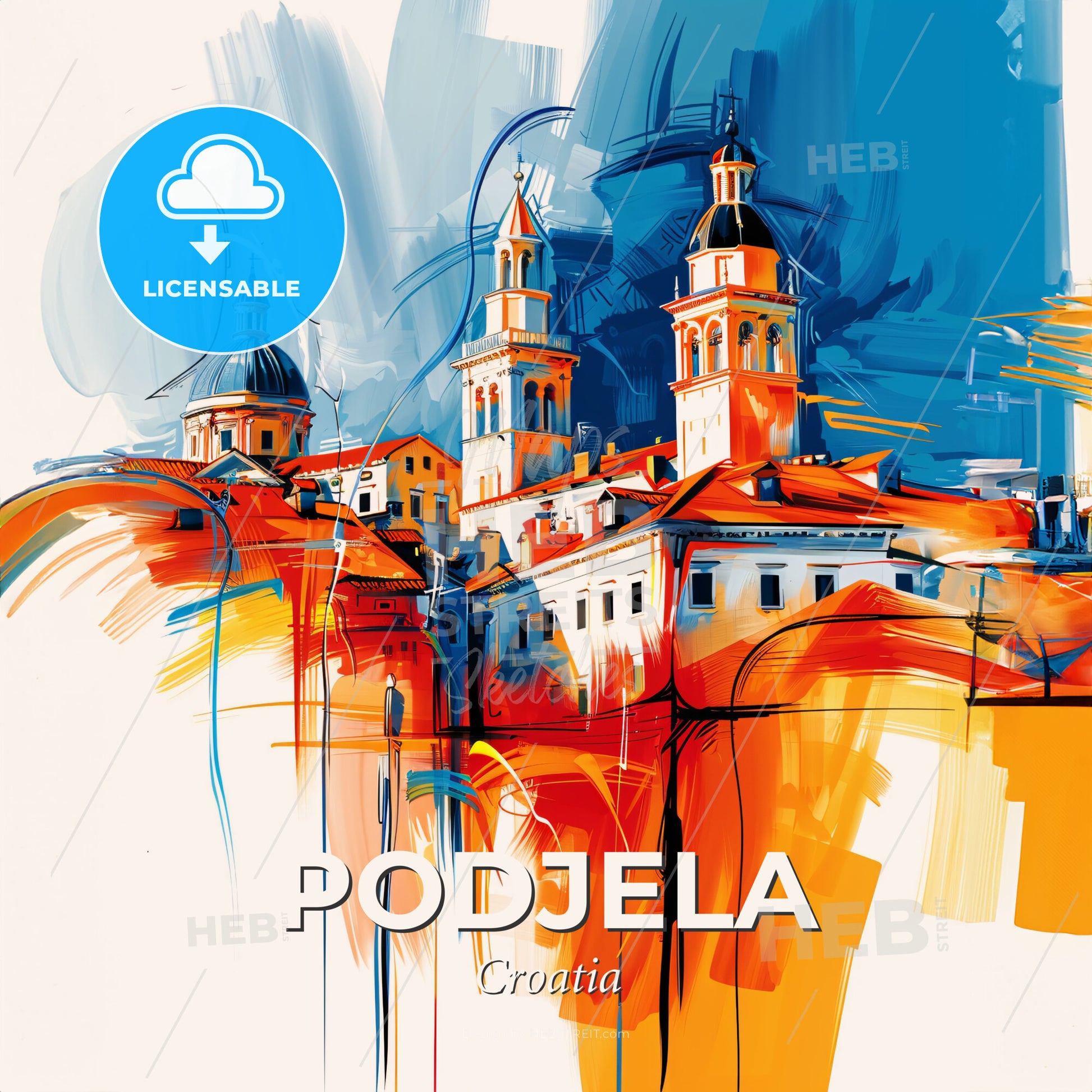 Vibrant Podjela, Croatia - A Painting Of A Building With Towers - Square format print template