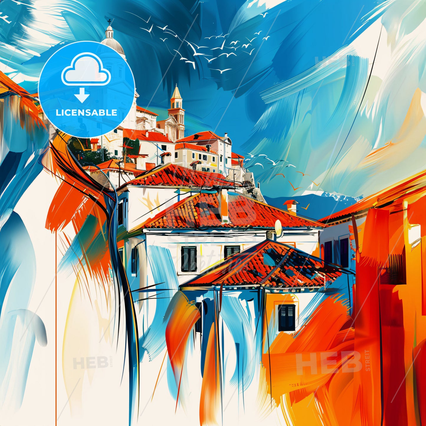 Vibrant Podjela, Croatia - A Painting Of A Building On A Hill