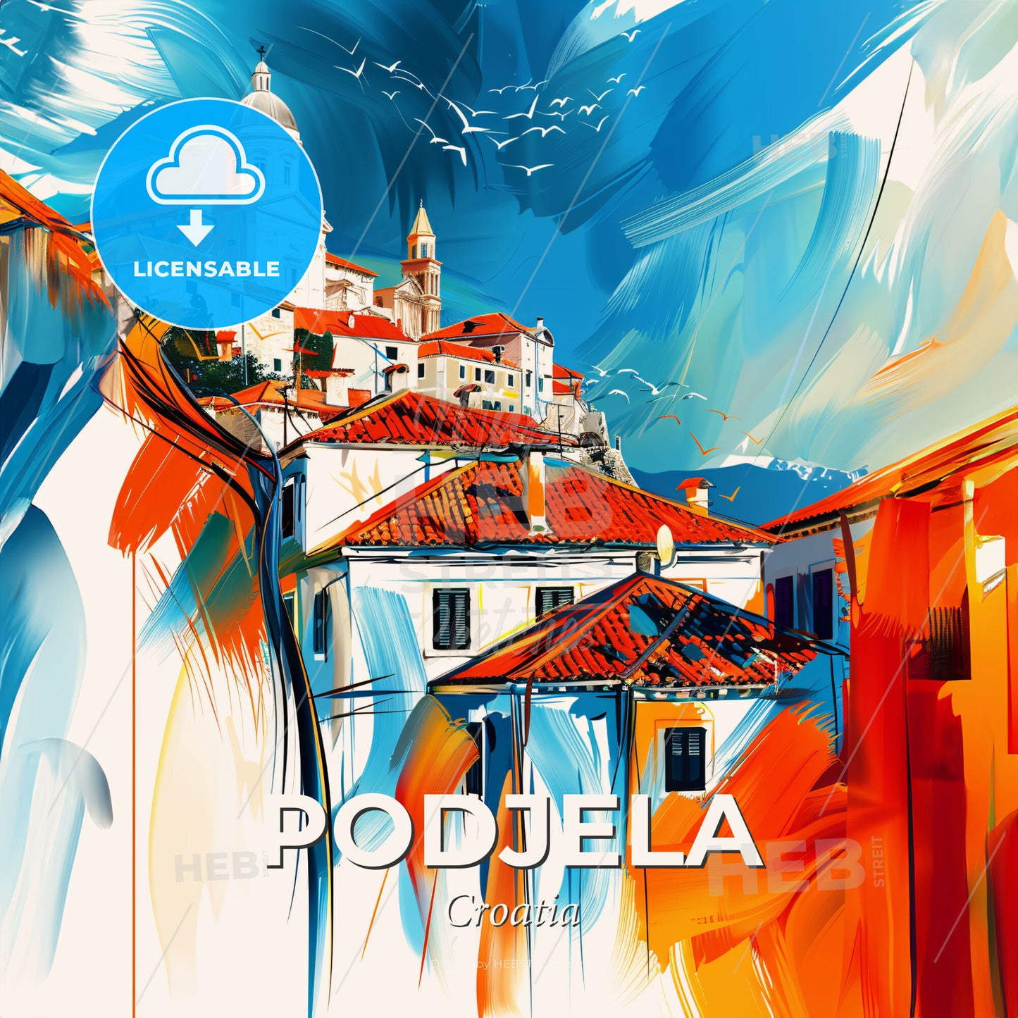 Vibrant Podjela, Croatia - A Painting Of A Building On A Hill - Square format print template