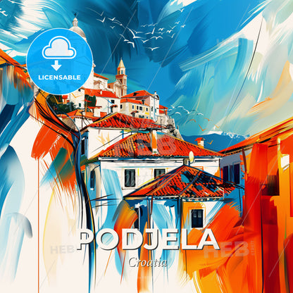 Vibrant Podjela, Croatia - A Painting Of A Building On A Hill - Square format print template