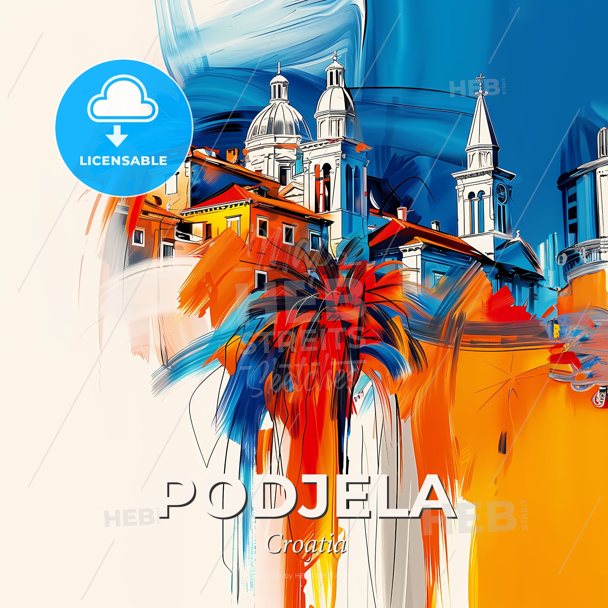 Vibrant Podjela, Croatia - A Painting Of A Building With A Palm Tree - Square format print template