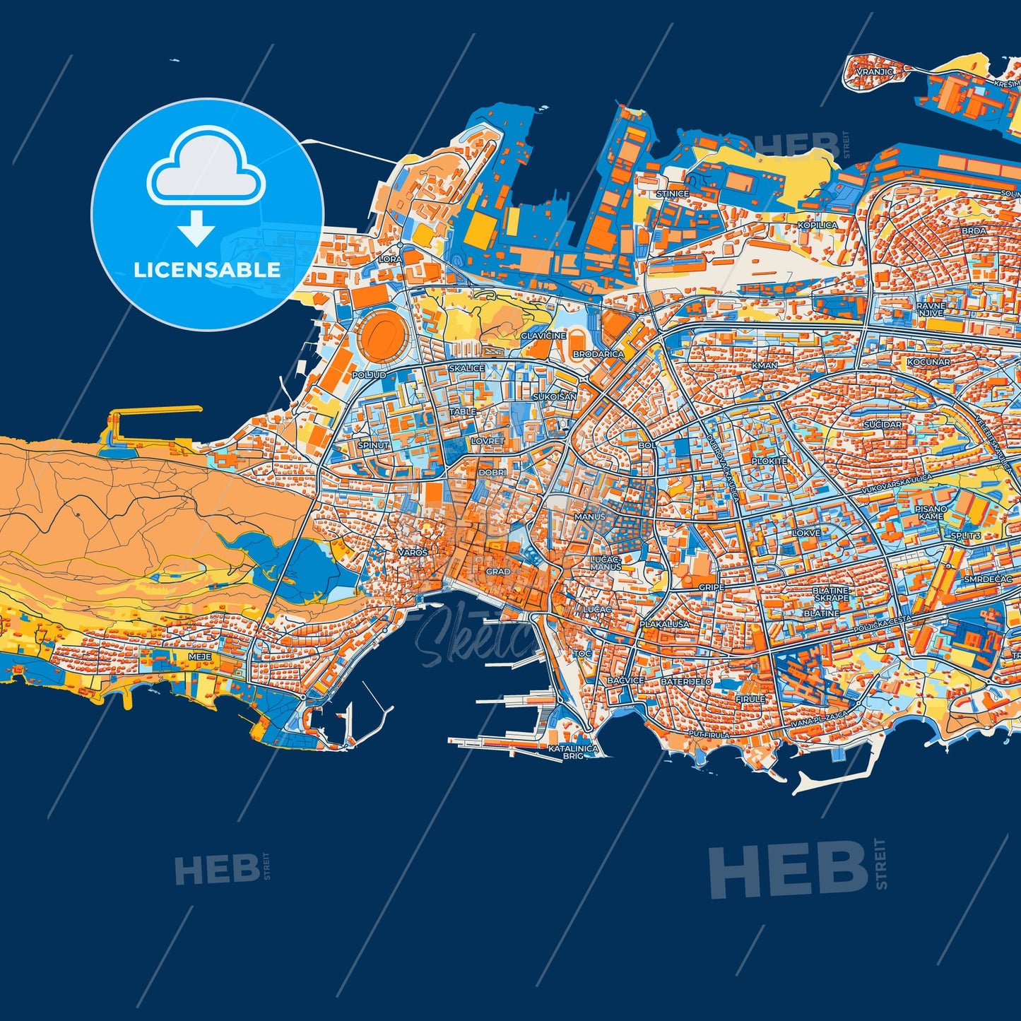Colorful Split Street Map with Labels and Buildings