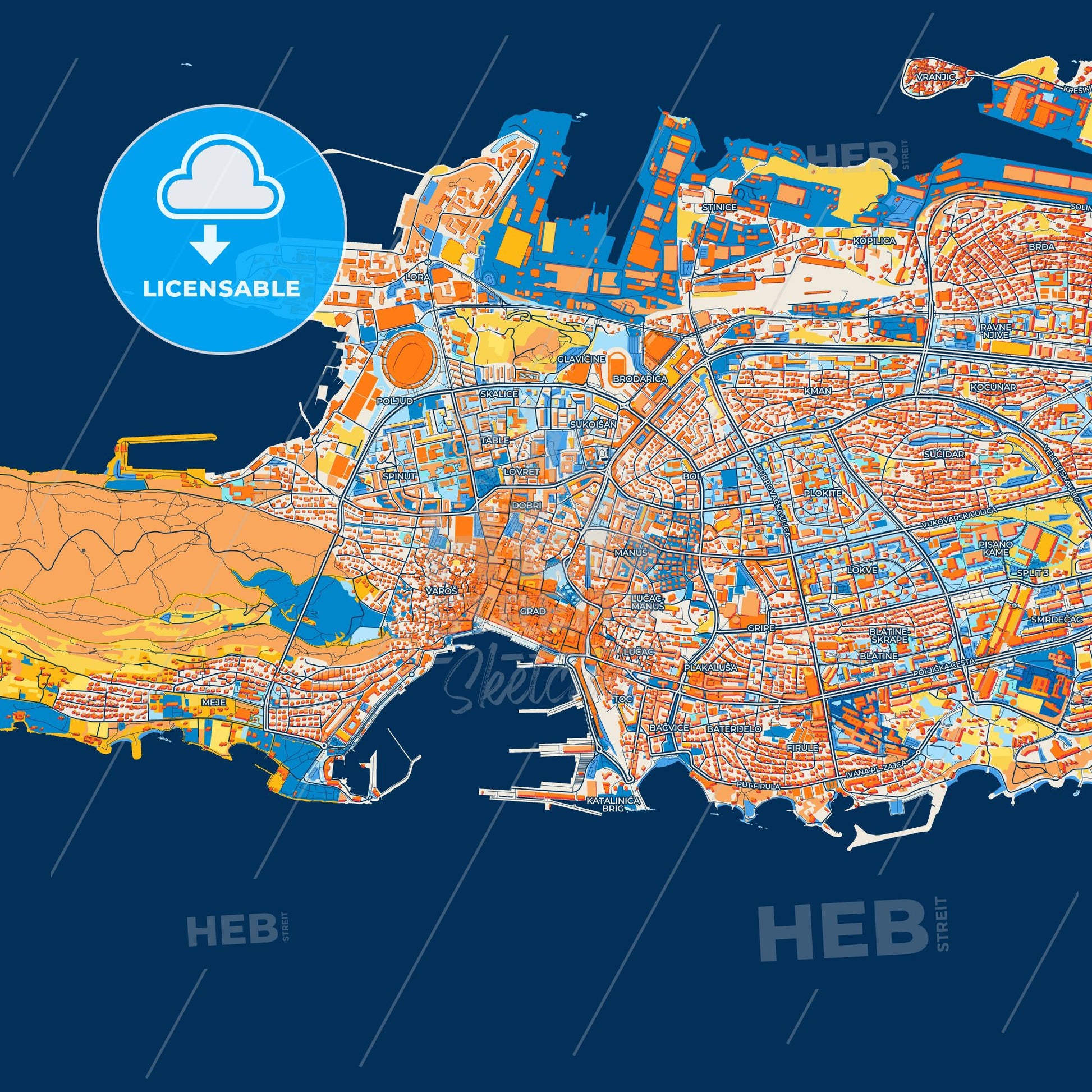 Colorful Split Street Map with Labels and Buildings