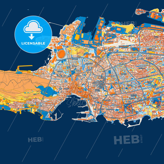 Colorful Split Street Map with Labels and Buildings