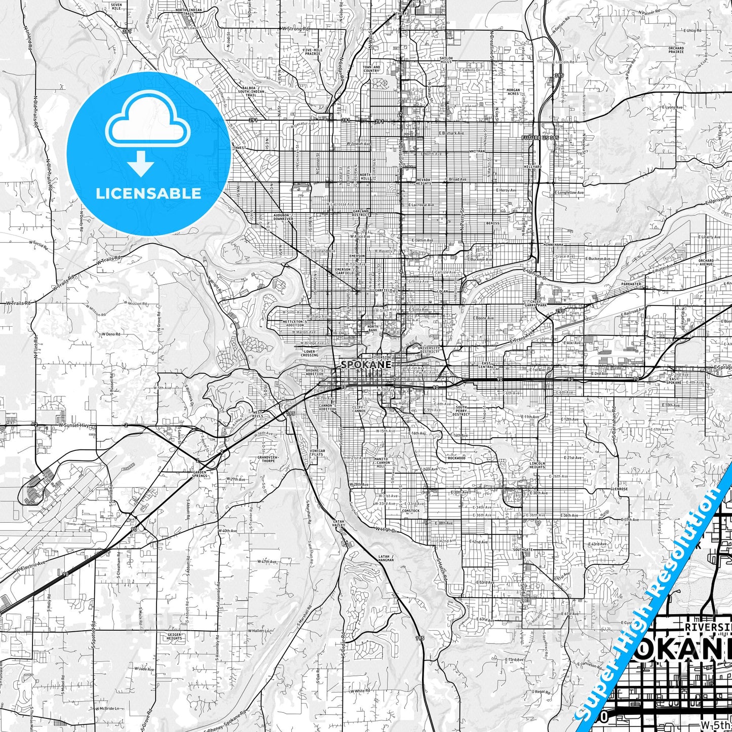 Spokane, Washington light map with streetnames, citynames and districts