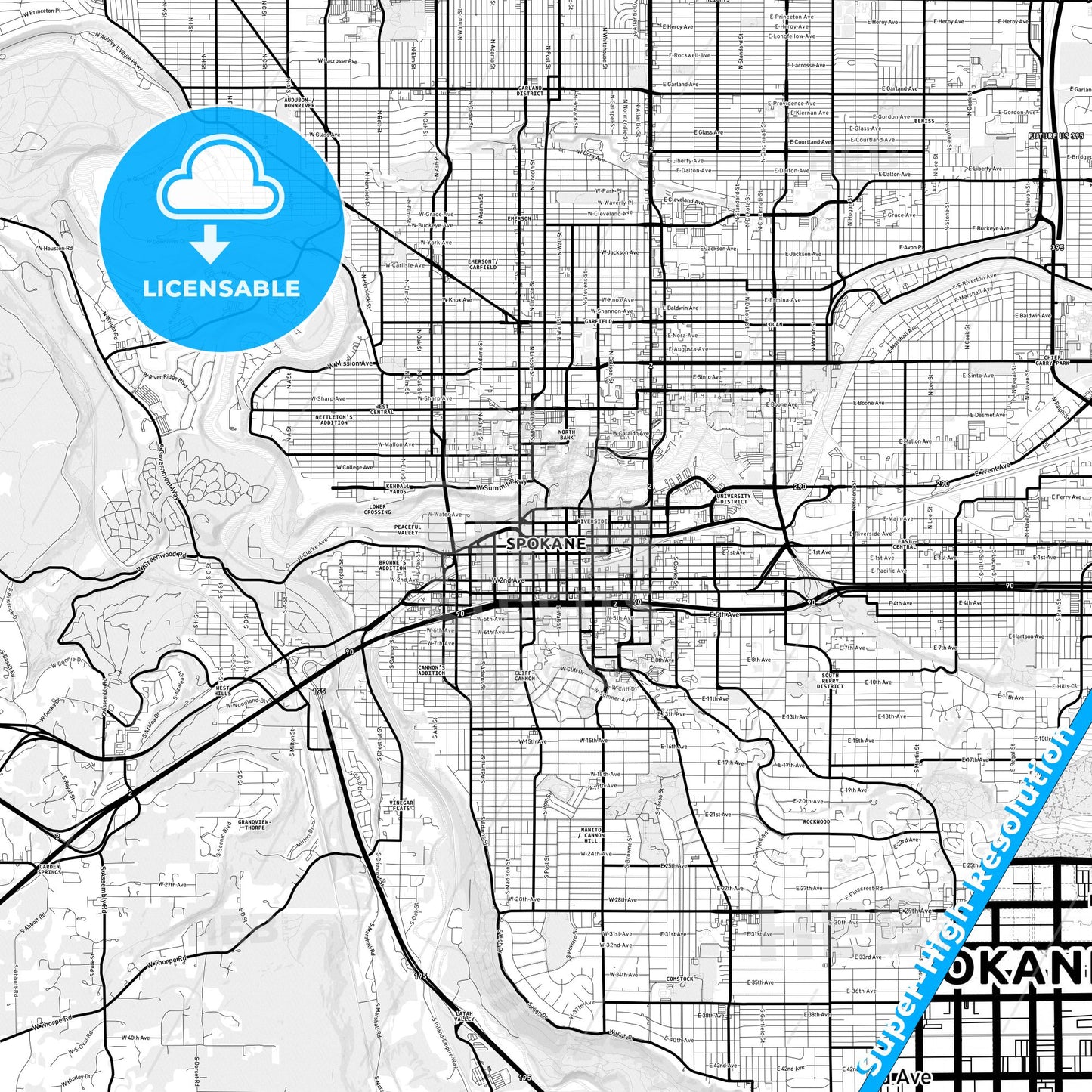 Spokane, Washington Light Map with Street Names, City Names, and Districts