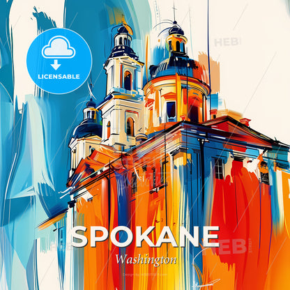 Vibrant Spokane, Washington - A Painting Of A Building With A Colorful Background - Square format print template