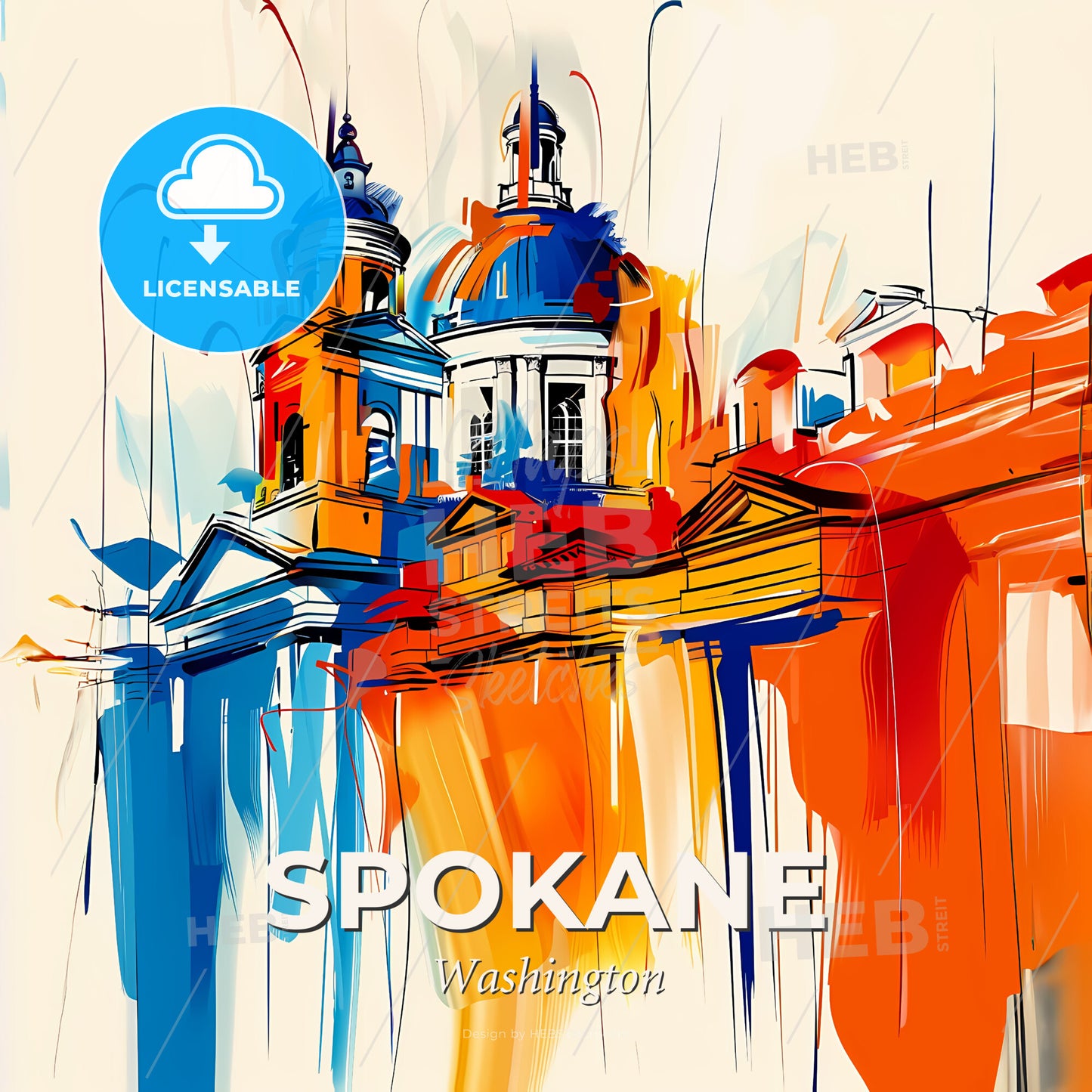 Vibrant Spokane, Washington - A Painting Of A Building With A Blue Dome And Orange Walls - Square format print template