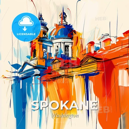 Vibrant Spokane, Washington - A Painting Of A Building With A Blue Dome And Orange Walls - Square format print template