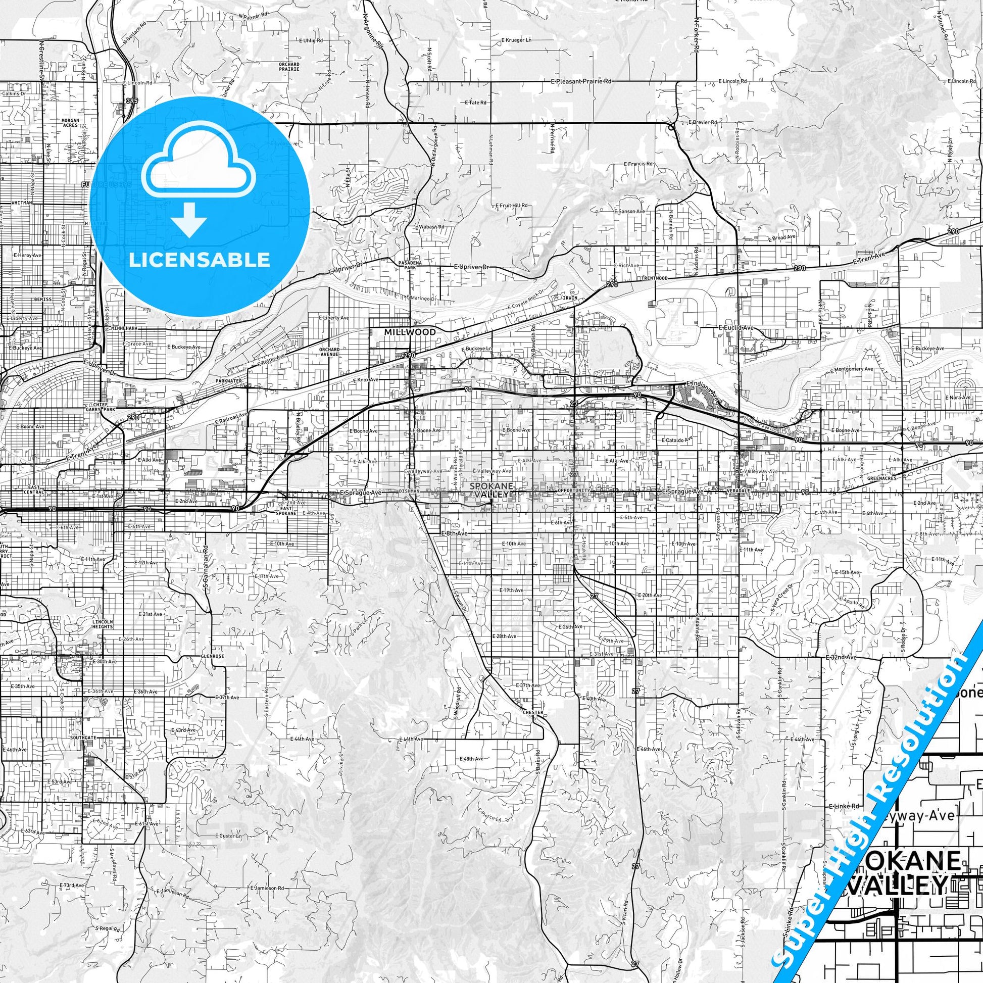 Spokane Valley, Washington light map with streetnames, citynames and districts