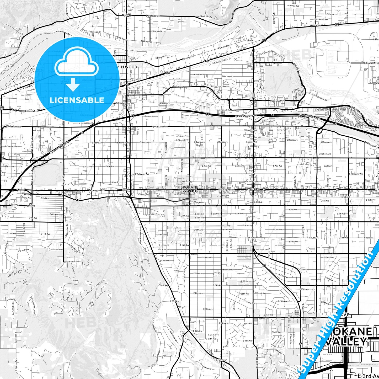 Spokane Valley, Washington Light Map with Street Names, City Names, and Districts