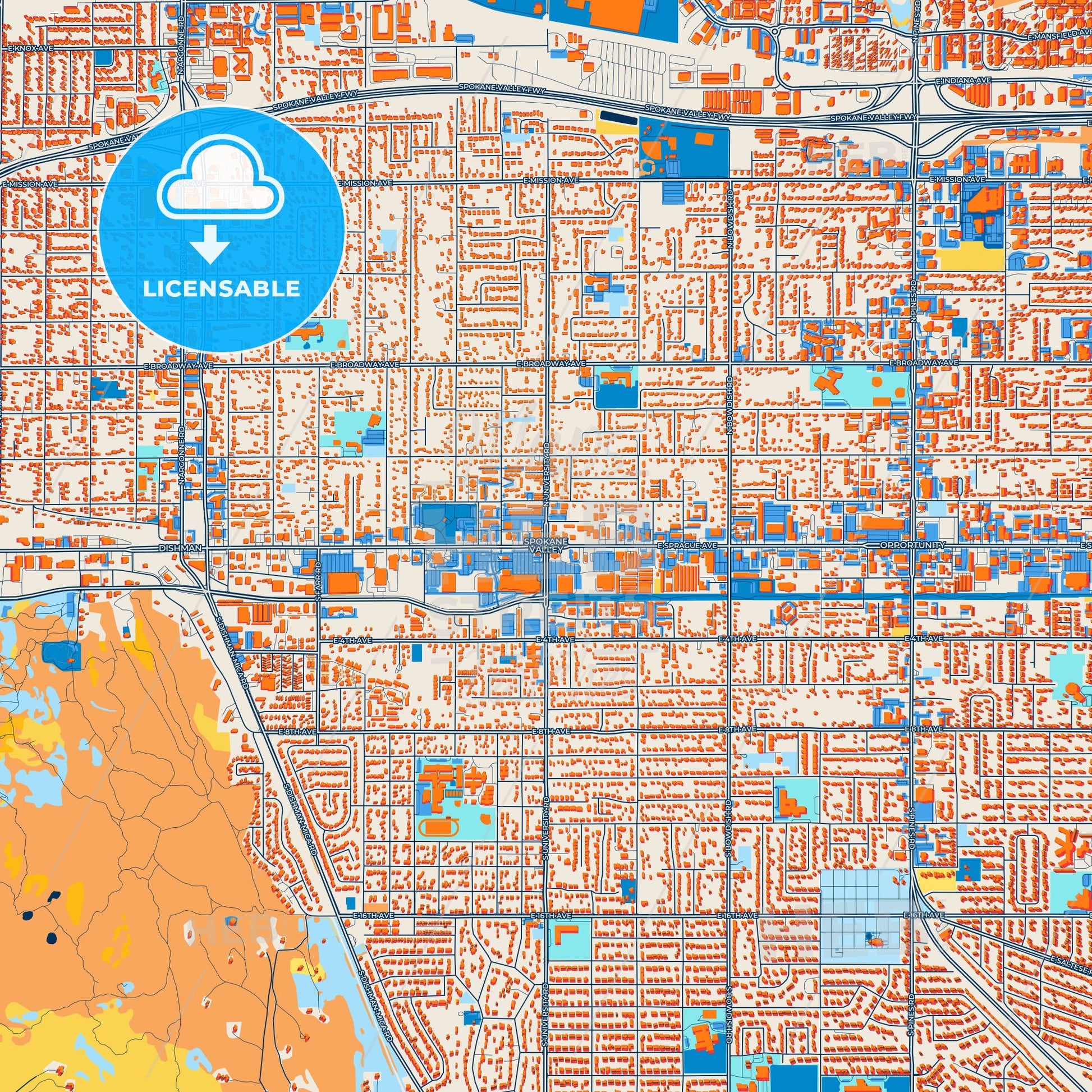 Colorful Spokane Valley Street Map with Labels and Buildings