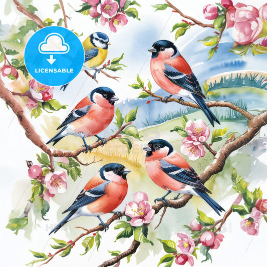 Spring Serenity: Elegant Cherry Blossoms and Birds in Peaceful Watercolor Harmony