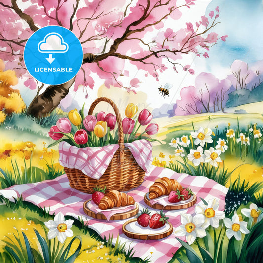 Spring Serenity: Watercolor Picnic by the River with Cherry Blossoms and Blooms