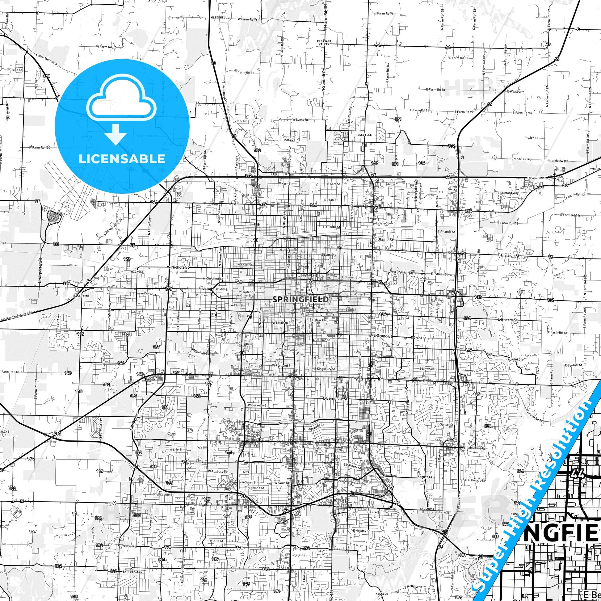 Springfield, Missouri light map with streetnames, citynames and districts