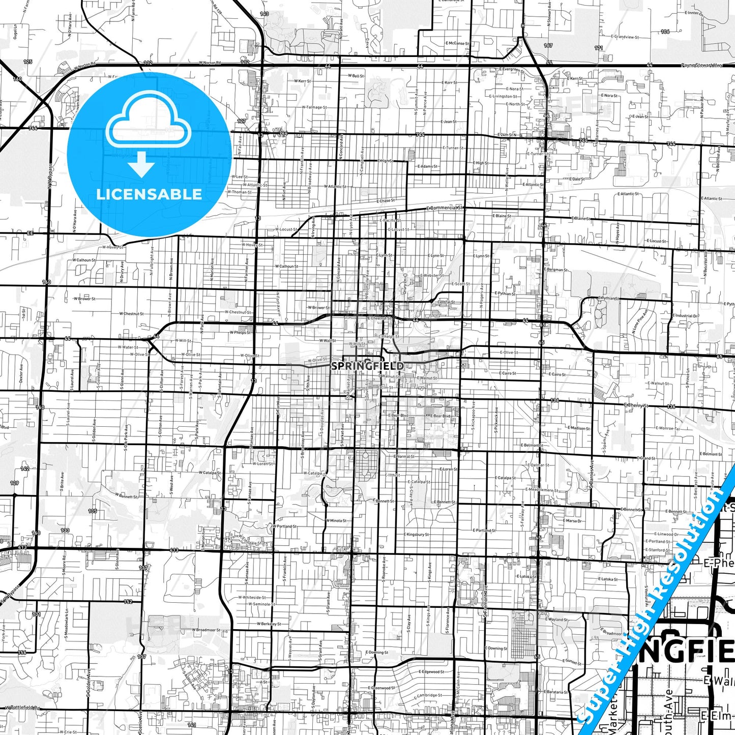 Springfield, Missouri Light Map with Street Names, City Names, and Districts