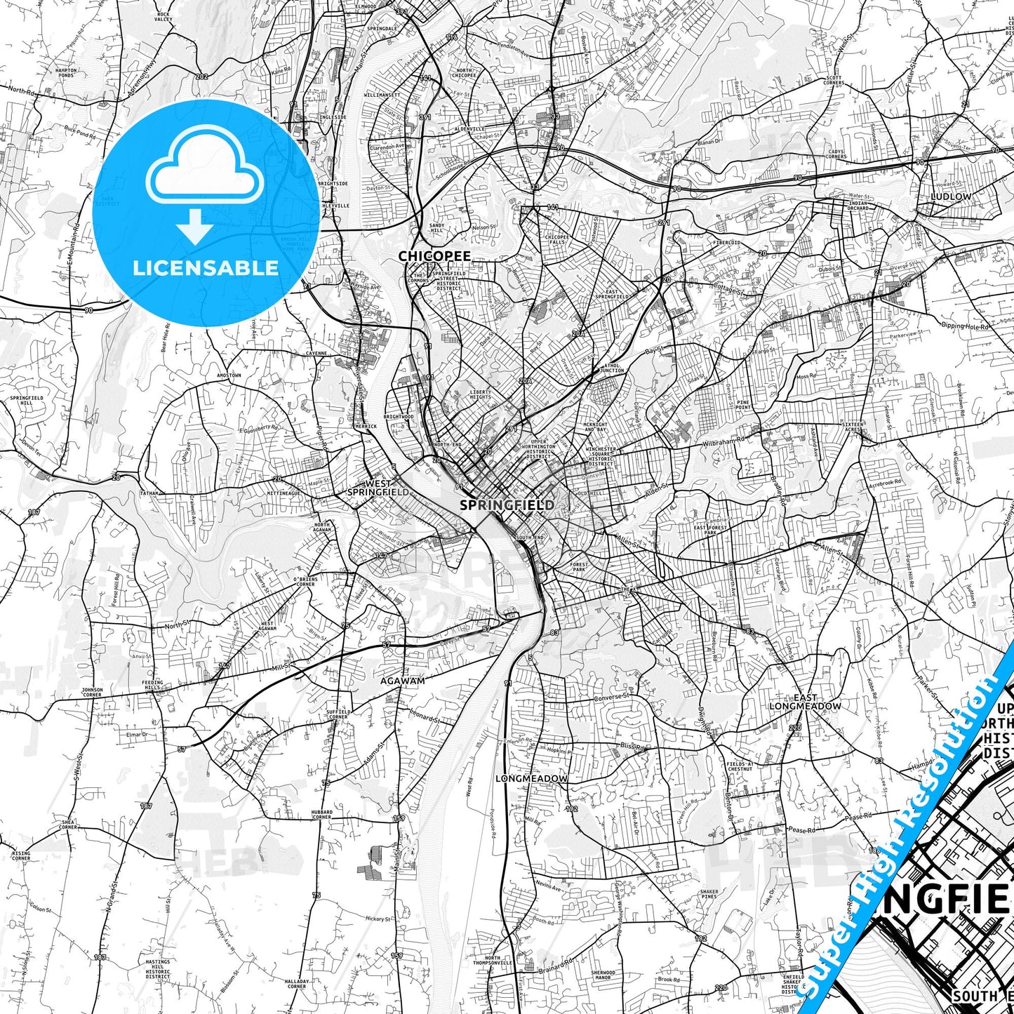 Springfield, Massachusetts light map with streetnames, citynames and districts
