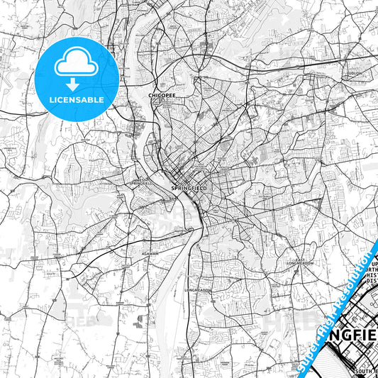 Springfield, Massachusetts light map with streetnames, citynames and districts