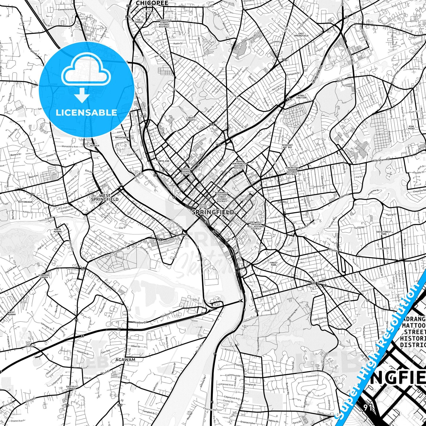 Springfield, Massachusetts Light Map with Street Names, City Names, and Districts