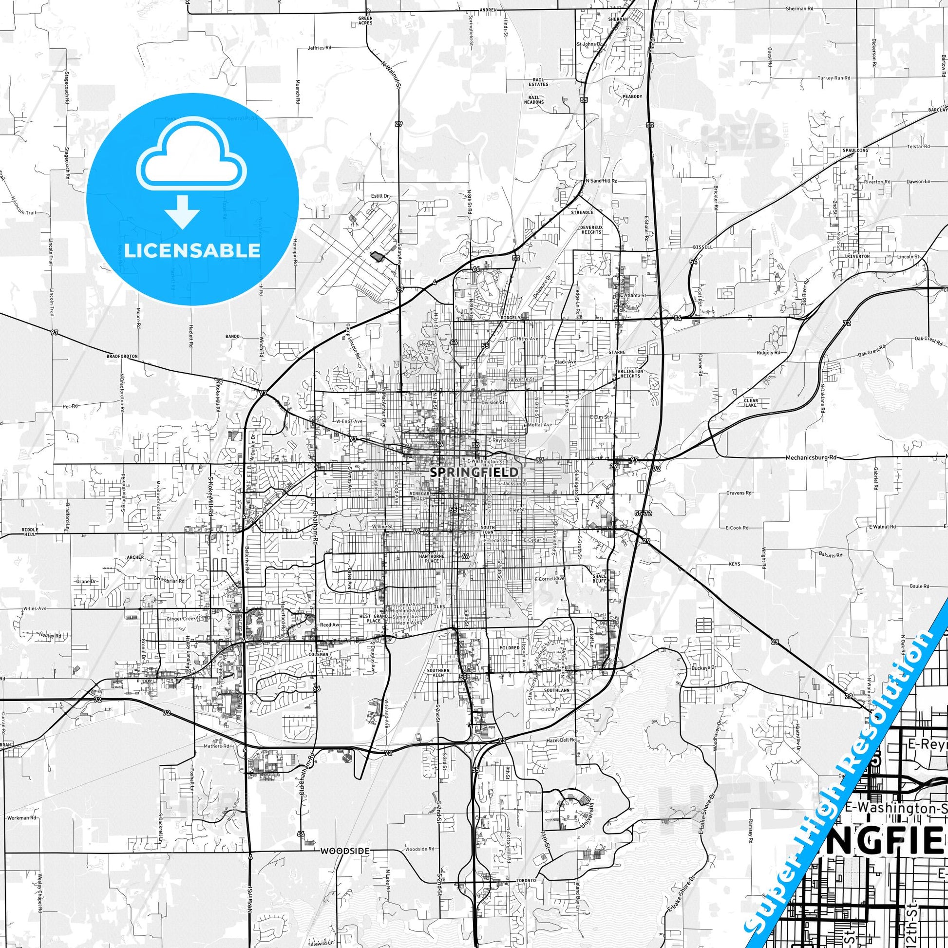 Springfield, Illinois light map with streetnames, citynames and districts