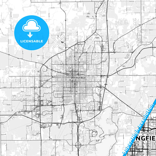 Springfield, Illinois light map with streetnames, citynames and districts