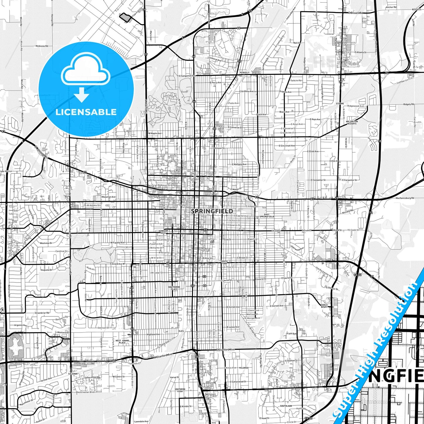 Springfield, Illinois Light Map with Street Names, City Names, and Districts