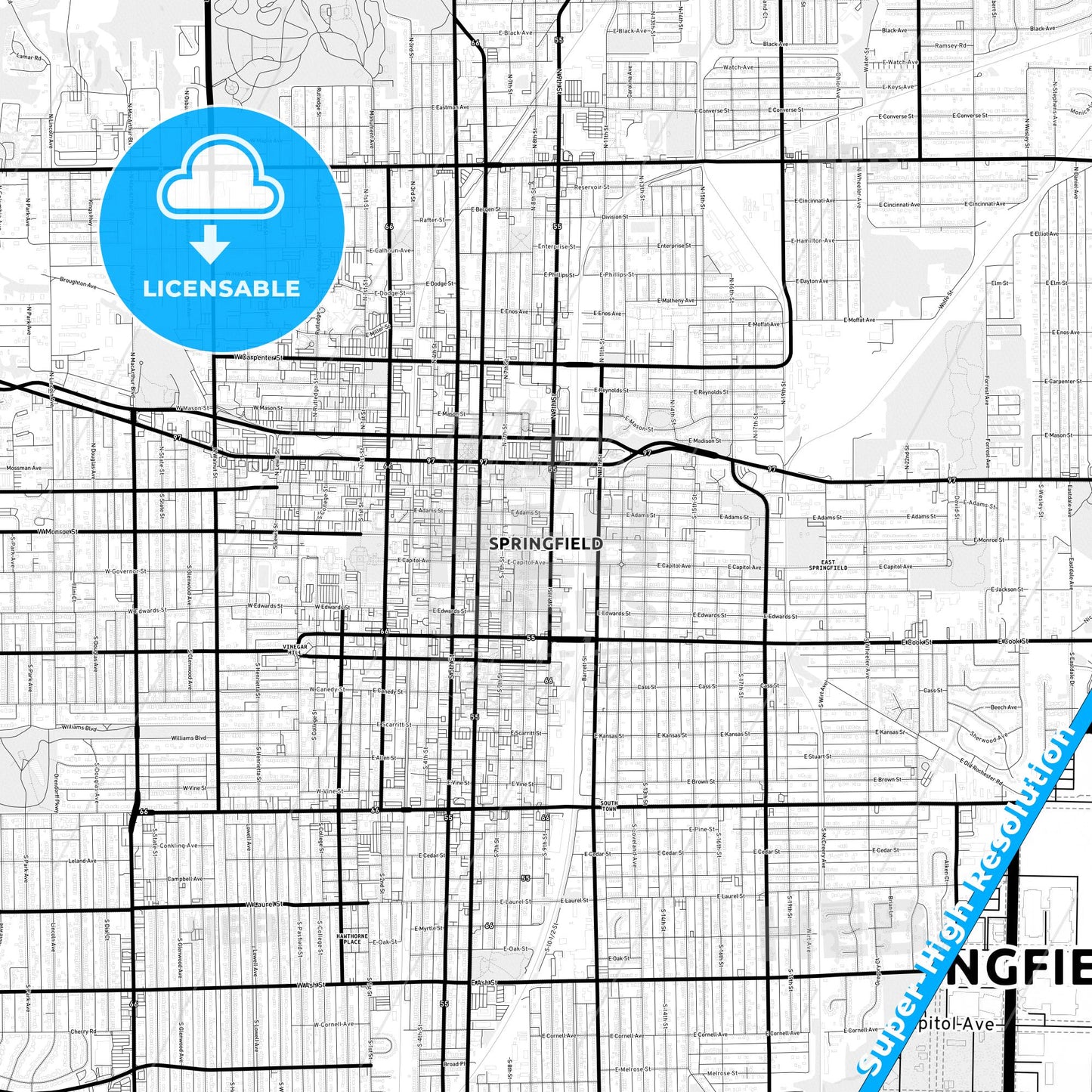 Springfield, Illinois Light Map with Street Names, City Names, and Districts
