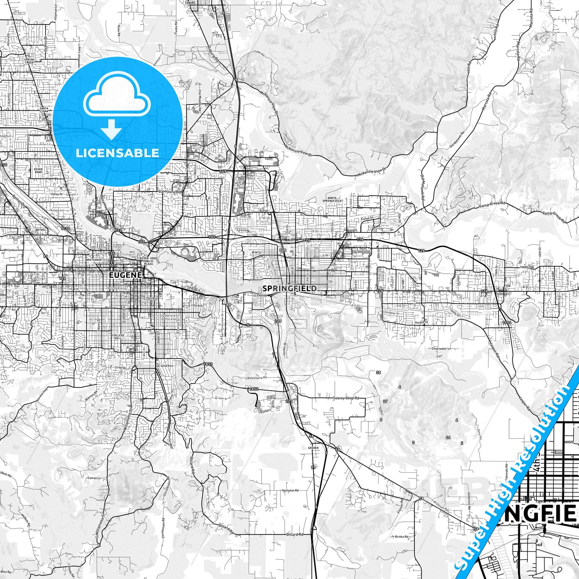 Springfield, Oregon light map with streetnames, citynames and districts