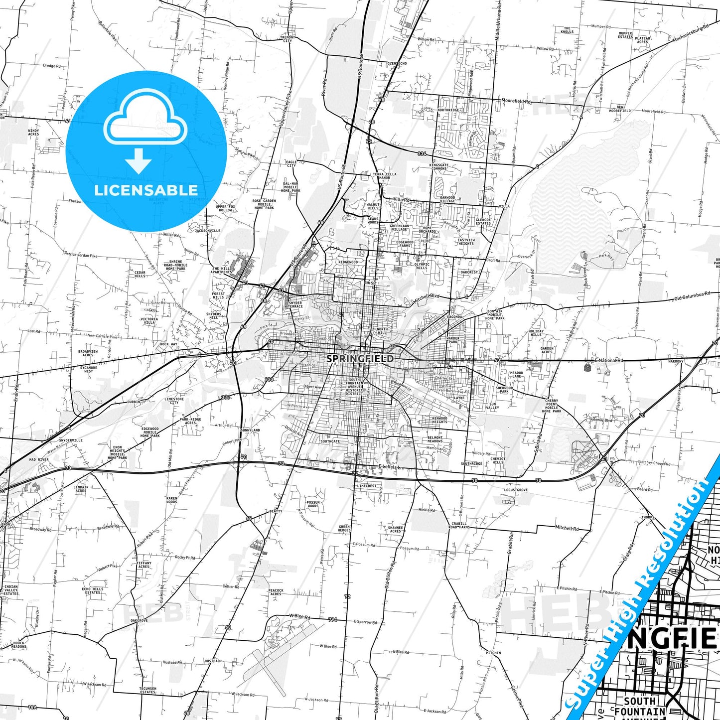 Springfield, Ohio light map with streetnames, citynames and districts