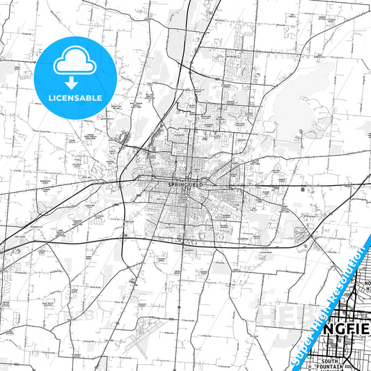 Springfield, Ohio light map with streetnames, citynames and districts