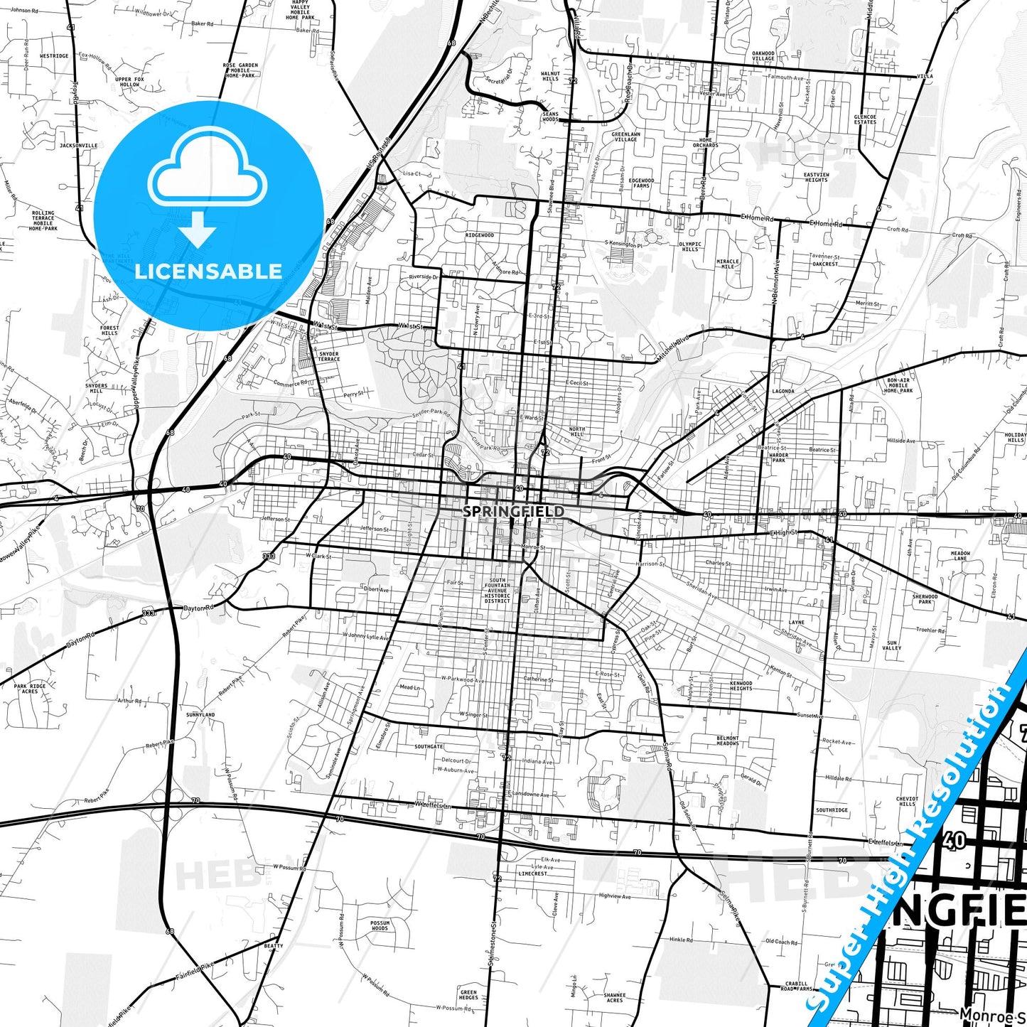Springfield, Ohio Light Map with Street Names, City Names, and Districts