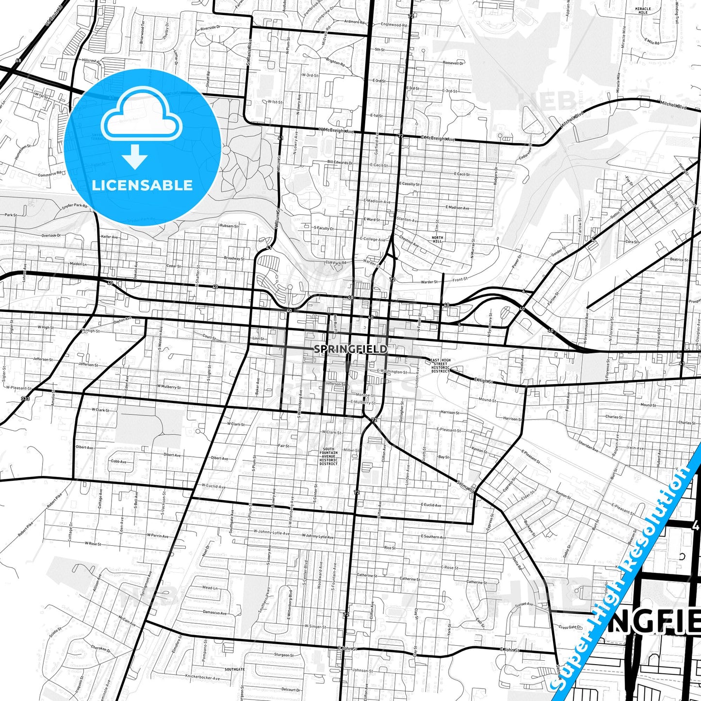 Springfield, Ohio Light Map with Street Names, City Names, and Districts