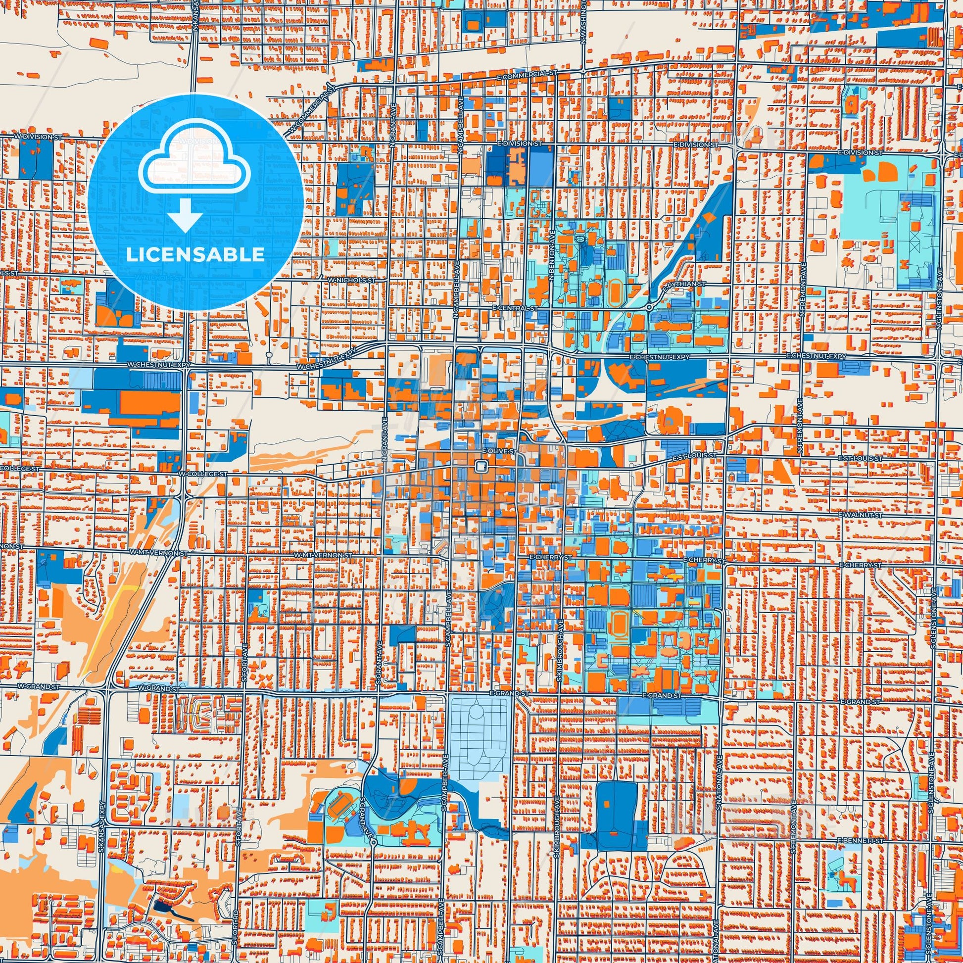 Colorful Springfield Street Map with Labels and Buildings