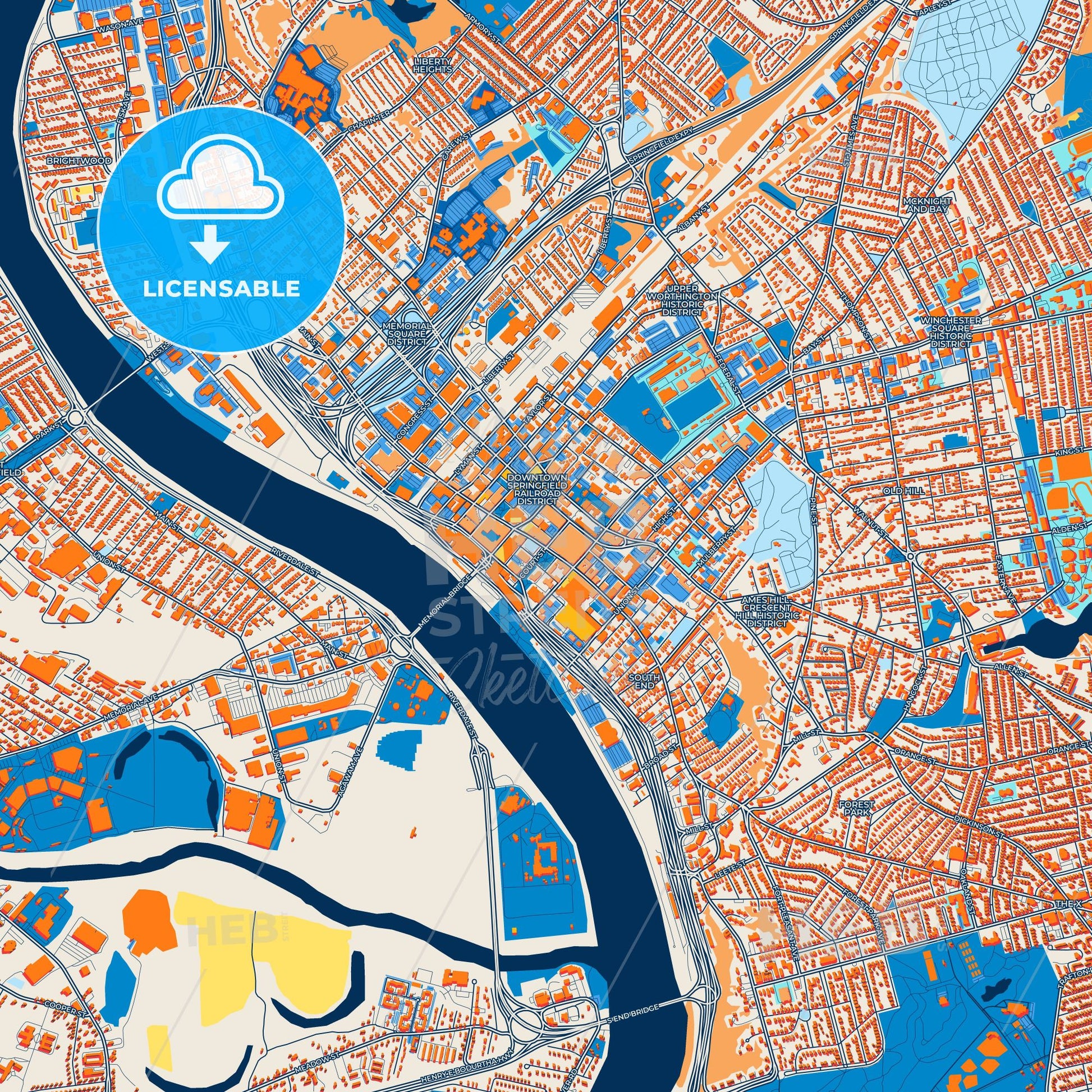 Colorful Springfield Street Map with Labels and Buildings