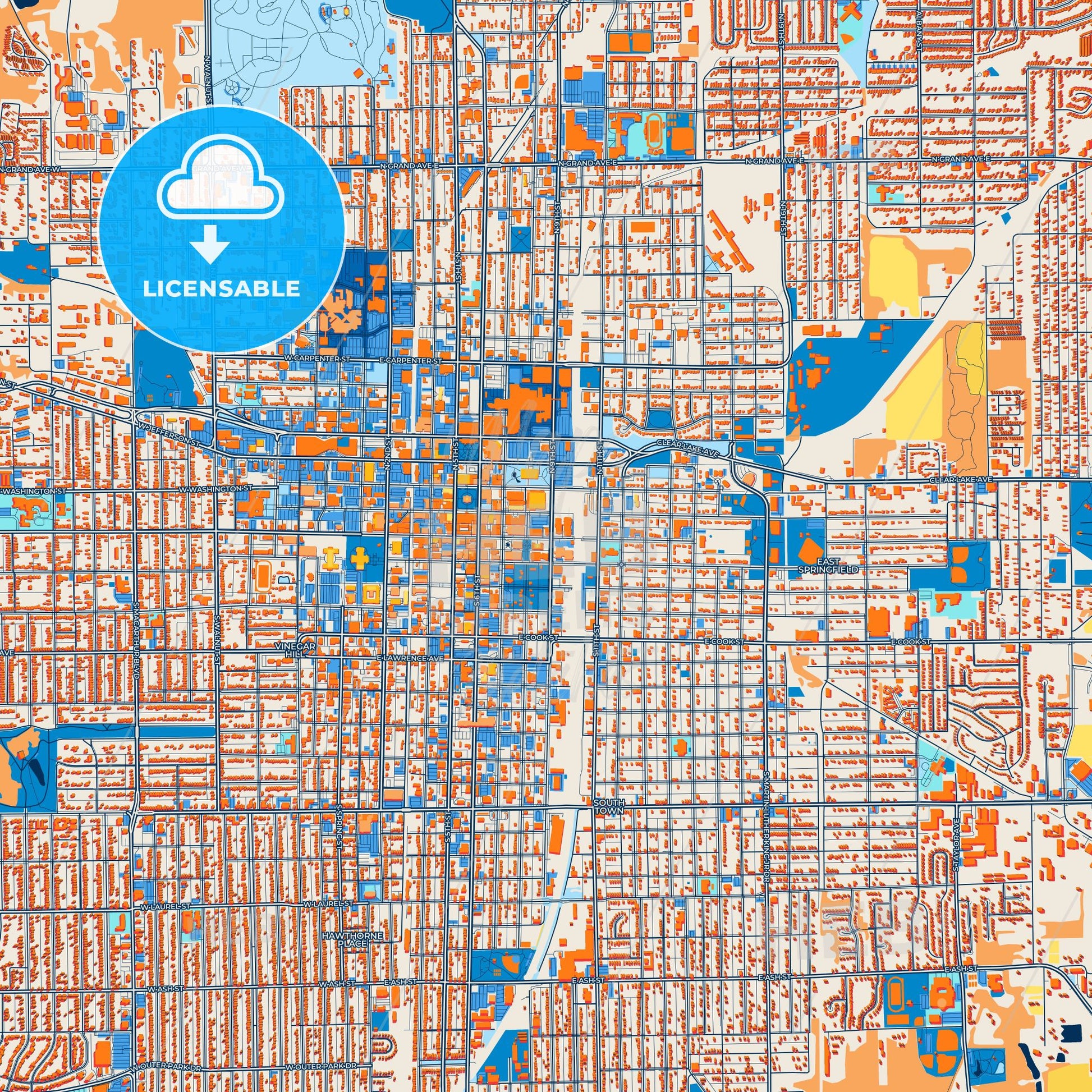 Colorful Springfield Street Map with Labels and Buildings