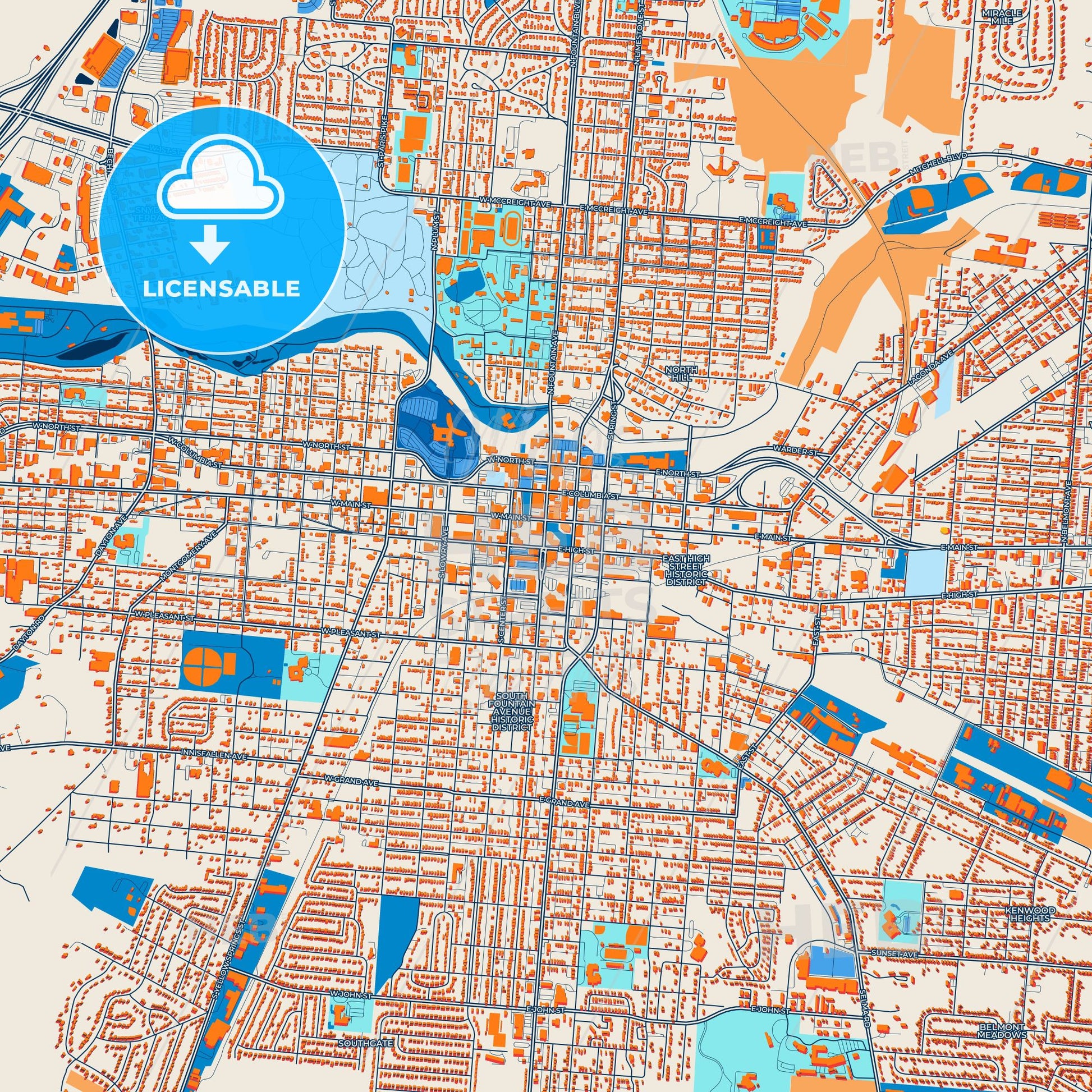 Colorful Springfield Street Map with Labels and Buildings