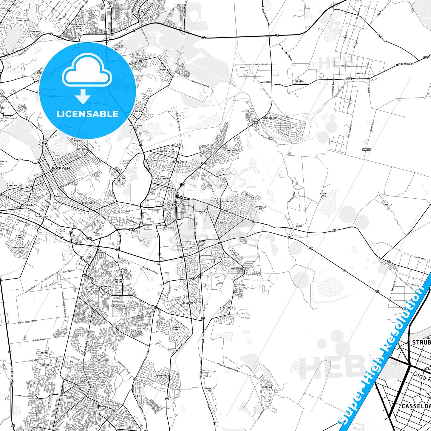 Springs, South Africa light map with streetnames, citynames and districts