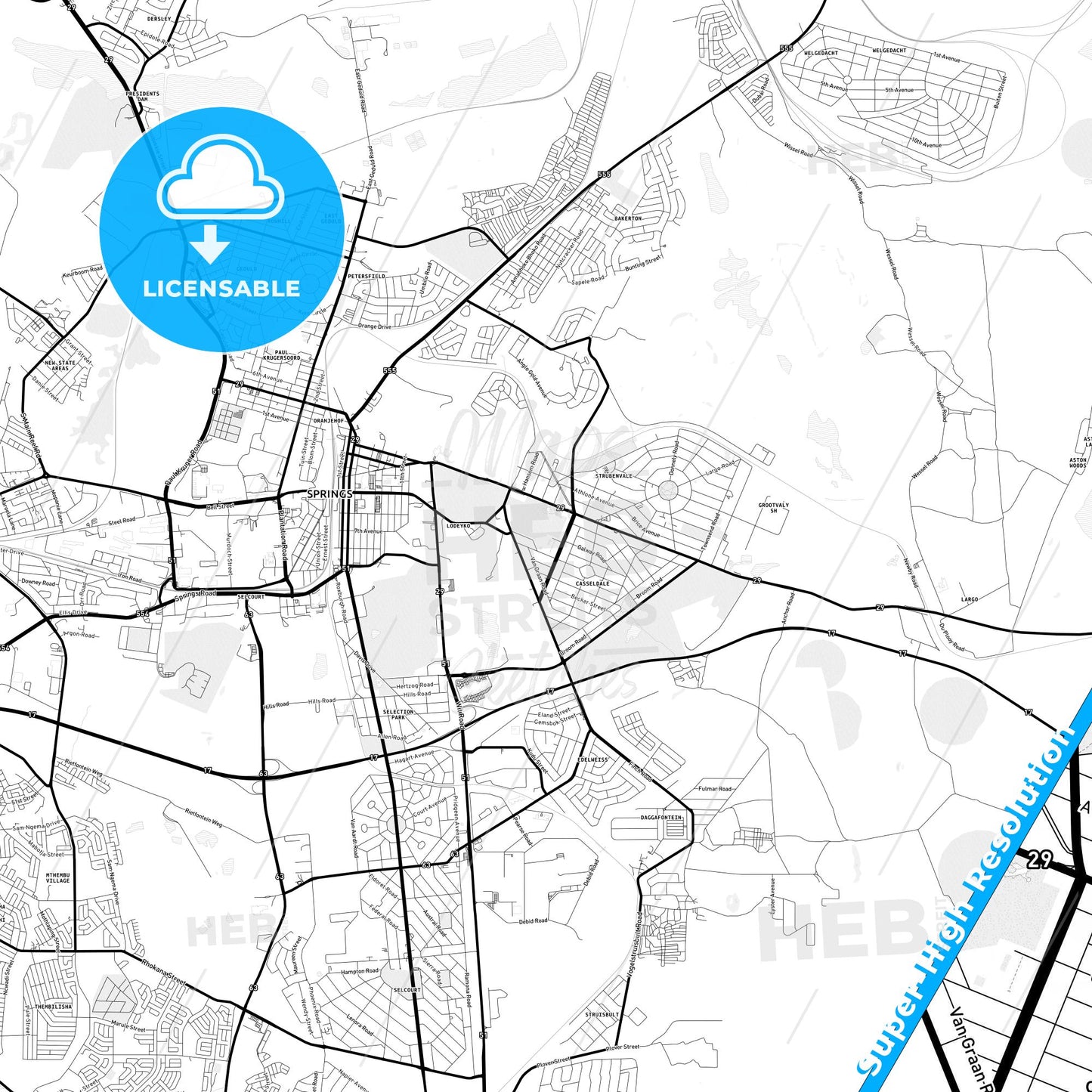 Springs, South Africa Light Map with Street Names, City Names, and Districts