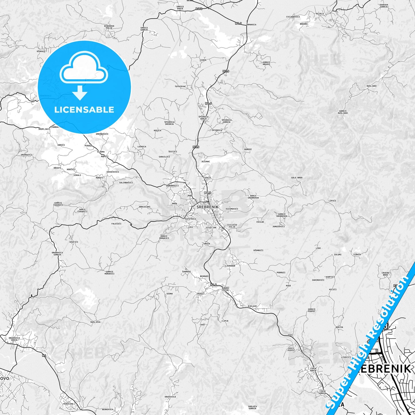 Srebrenik, Bosnia and Herzegovina light map with streetnames, citynames and districts
