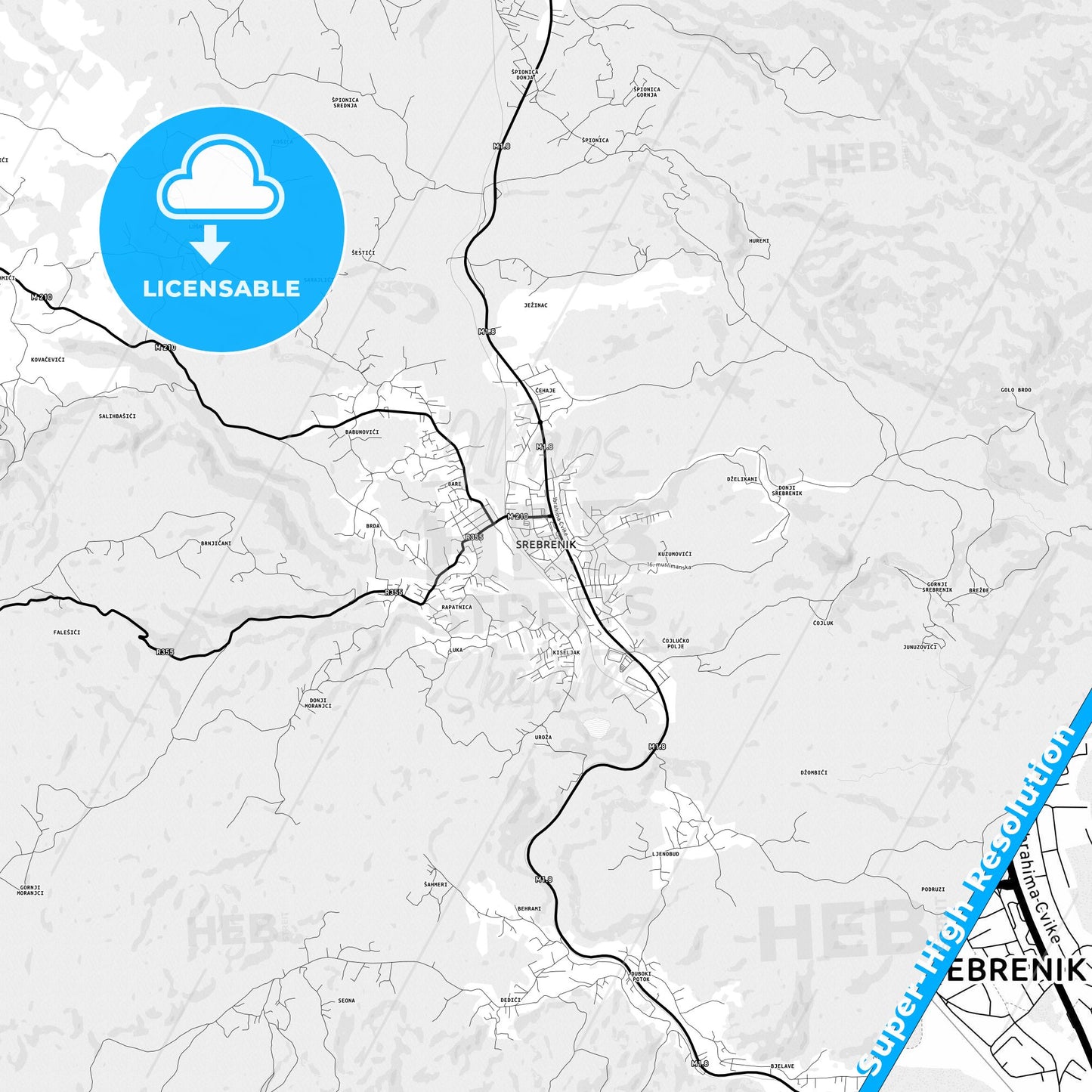 Srebrenik, Bosnia and Herzegovina Light Map with Street Names, City Names, and Districts